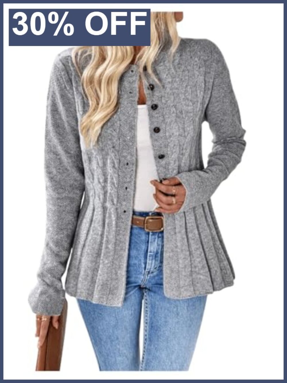 Cable Knit Button Up Long Sleeve Peplum Cardigan Outwear